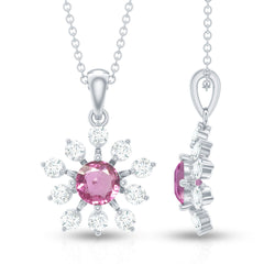 Genuine 0.58 Carat Pink Sapphire and Diamond Flower Pendant Necklace