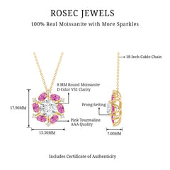Certified 2 Carat Moissanite Flower Statement Necklace With Pink Tourmaline