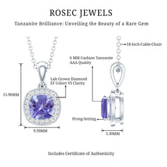 Cushion Cut 1.2 Carat Tanzanite Necklace with Lab Diamond Halo