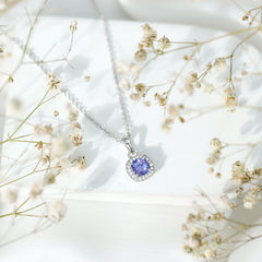 Cushion Cut 1.2 Carat Tanzanite Necklace with Lab Diamond Halo