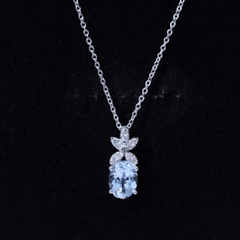 Natural 1.7 CT Oval Aquamarine Flower Necklace with Lab Grown Diamonds