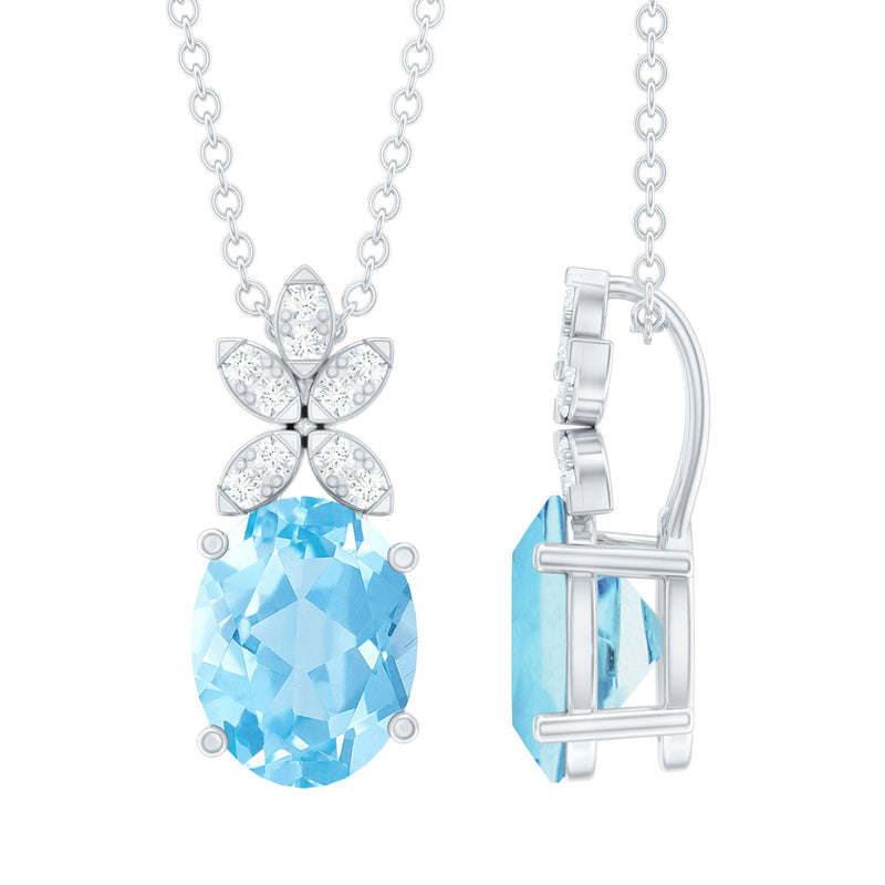 Natural 1.7 CT Oval Aquamarine Flower Necklace with Lab Grown Diamonds