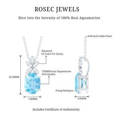 Natural 1.7 CT Oval Aquamarine Flower Necklace with Lab Grown Diamonds