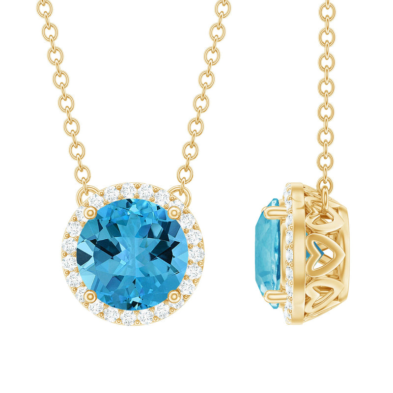 Natural 1.5 Carat Swiss Blue Topaz Chain Necklace with Diamond Halo