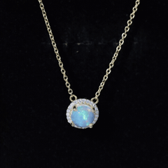 7MM Ethiopian Opal and Diamond Halo Necklace in Silver