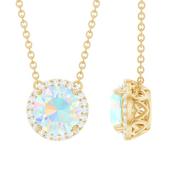 7MM Ethiopian Opal and Diamond Halo Necklace in Silver