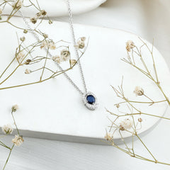 Certified Oval Shape Blue Sapphire Diamond Pendant Necklace with Chain