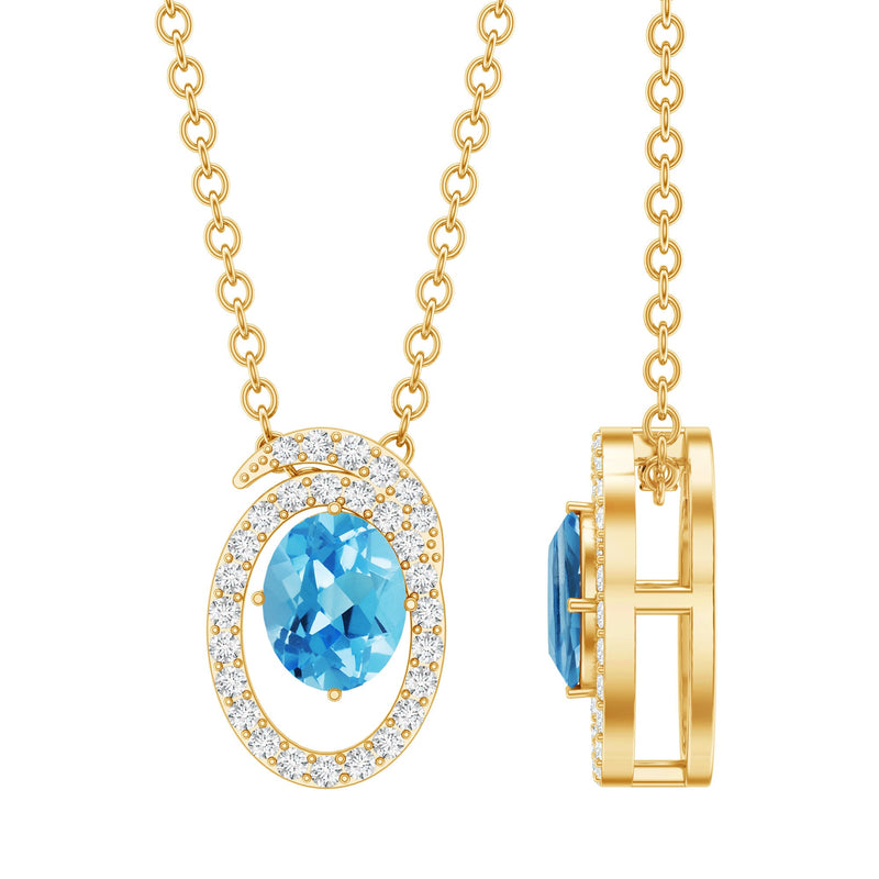 Natural Sky Blue Topaz Diamond Oval Locket with Chain