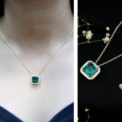 2.5 CT Asscher Cut Lab Grown Emerald Halo Necklace with Moissanite