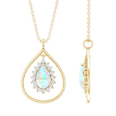 Natural 0.6 Carat Ethiopian Opal Teardrop Pendant Necklace with Lab Diamond Halo