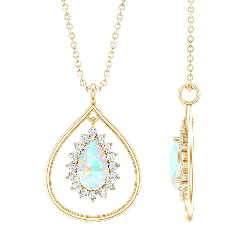 Natural 0.6 Carat Ethiopian Opal Teardrop Pendant Necklace with Lab Diamond Halo