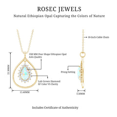 Natural 0.6 Carat Ethiopian Opal Teardrop Pendant Necklace with Lab Diamond Halo