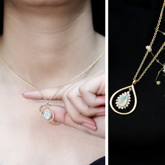 Natural 0.6 Carat Ethiopian Opal Teardrop Pendant Necklace with Lab Diamond Halo