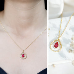 1.3 Carat Lab Grown Ruby Teardrop Necklace with Lab Diamond
