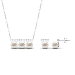 11.75 CT Freshwater Pearl Classic Three Stone Bar jewelry Set with Diamond