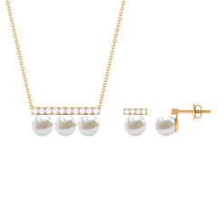 11.75 CT Freshwater Pearl Classic Three Stone Bar jewelry Set with Diamond