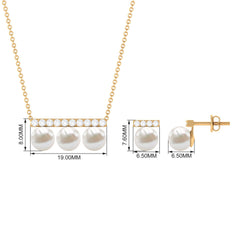 11.75 CT Freshwater Pearl Classic Three Stone Bar jewelry Set with Diamond