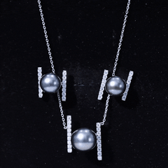 Black Tahitian Pearl Necklace and Earrings Set with Moissanite