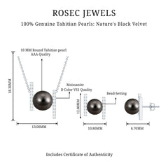 Black Tahitian Pearl Necklace and Earrings Set with Moissanite