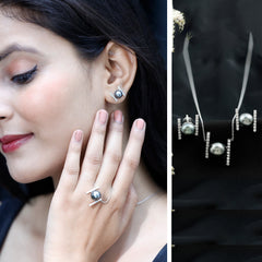 Black Tahitian Pearl Necklace and Earrings Set with Moissanite