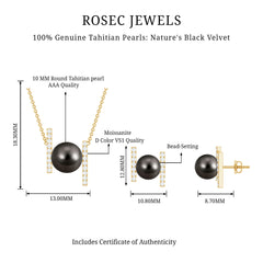 Black Tahitian Pearl Necklace and Earrings Set with Moissanite