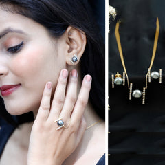 Black Tahitian Pearl Necklace and Earrings Set with Moissanite