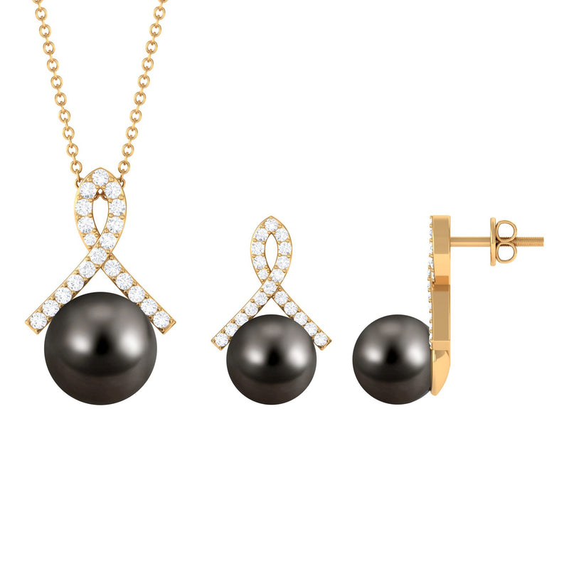 Solitaire Tahitian Pearl Pendant and Earrings Set with Moissanite