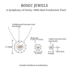 14 Carat Freshwater Pearl Halo Necklace and Earrings Set with Certificate