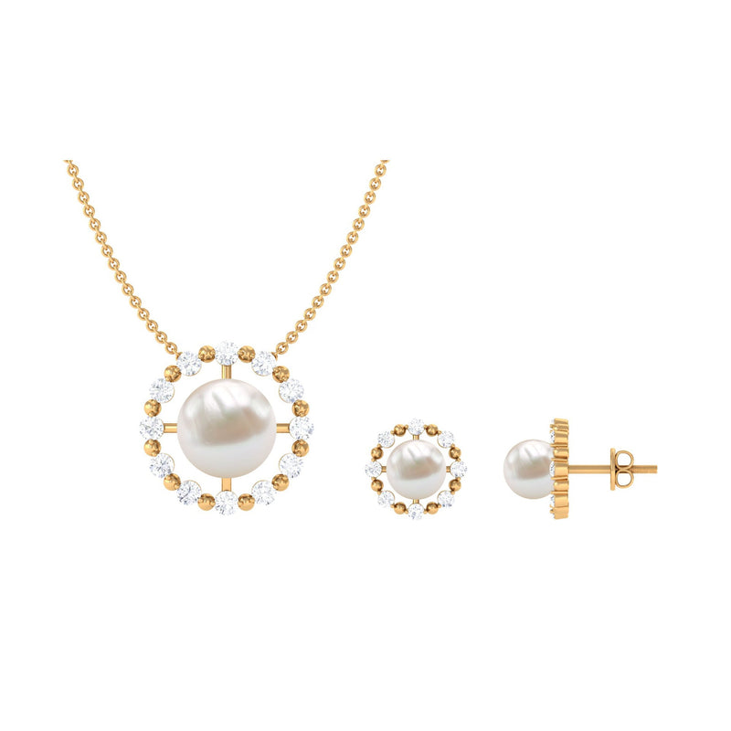 14 Carat Freshwater Pearl Halo Necklace and Earrings Set with Certificate