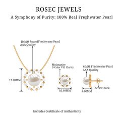 14 Carat Freshwater Pearl Halo Necklace and Earrings Set with Certificate