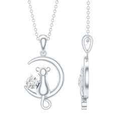 1/4 CT Certified Moissanite Cat On Moon Gold Pendant