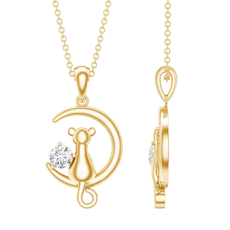 1/4 CT Certified Moissanite Cat On Moon Gold Pendant