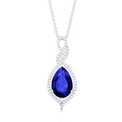 Pear Cut Created Blue Sapphire and Diamond Teardrop Pendant