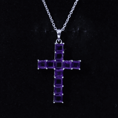 Princess Cut Amethyst Cross Pendant Necklace with Silver Chain