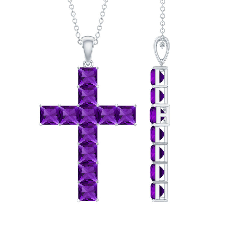 Princess Cut Amethyst Cross Pendant Necklace with Silver Chain