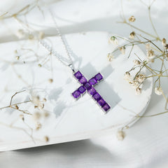 Princess Cut Amethyst Cross Pendant Necklace with Silver Chain