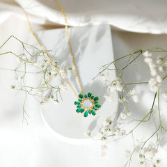 Certified Moissanite Flower Designer Necklace With Lab Emerald