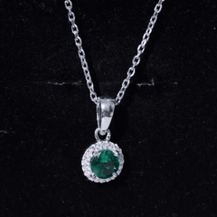 Lab Created 6 MM Emerald and Moissanite Halo Necklace with Chain