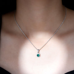 Lab Created 6 MM Emerald and Moissanite Halo Necklace with Chain