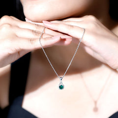 Lab Created 6 MM Emerald and Moissanite Halo Necklace with Chain