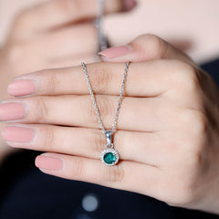 Lab Created 6 MM Emerald and Moissanite Halo Necklace with Chain