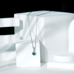 Lab Created 6 MM Emerald and Moissanite Halo Necklace with Chain