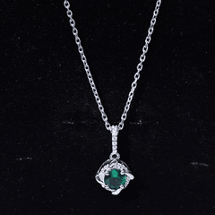 Lab Created Emerald and Moissanite Halo Necklace with Silver Chain
