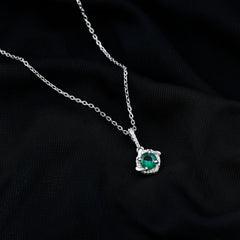Lab Created Emerald and Moissanite Halo Necklace with Silver Chain