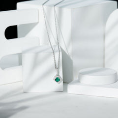 Lab Created Emerald and Moissanite Halo Necklace with Silver Chain