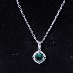 Certified 6 MM Round Lab Emerald Designer Halo Necklace with Moissanite