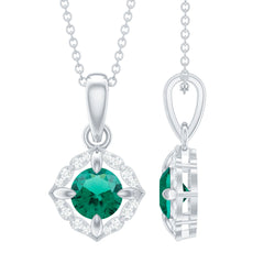 Certified 6 MM Round Lab Emerald Designer Halo Necklace with Moissanite