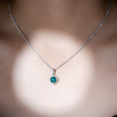 Certified 6 MM Round Lab Emerald Designer Halo Necklace with Moissanite