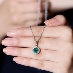 Certified 6 MM Round Lab Emerald Designer Halo Necklace with Moissanite