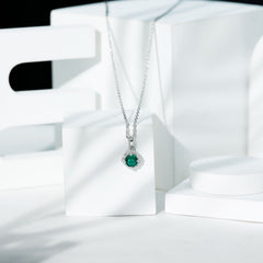 Certified 6 MM Round Lab Emerald Designer Halo Necklace with Moissanite